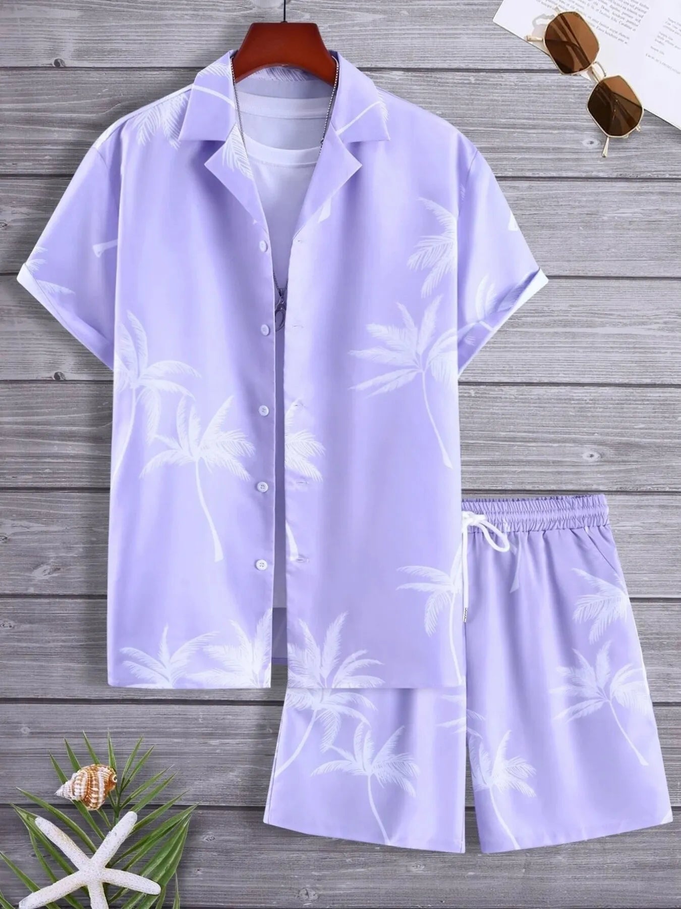 Men's Full Size Palm Print Button Up Shirt and Shorts Set Plus Size.