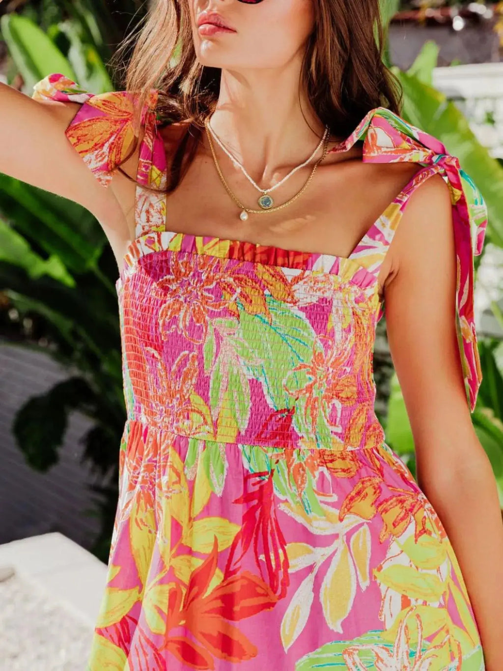 Tropical Print Tie Shoulder Maxi Dress.