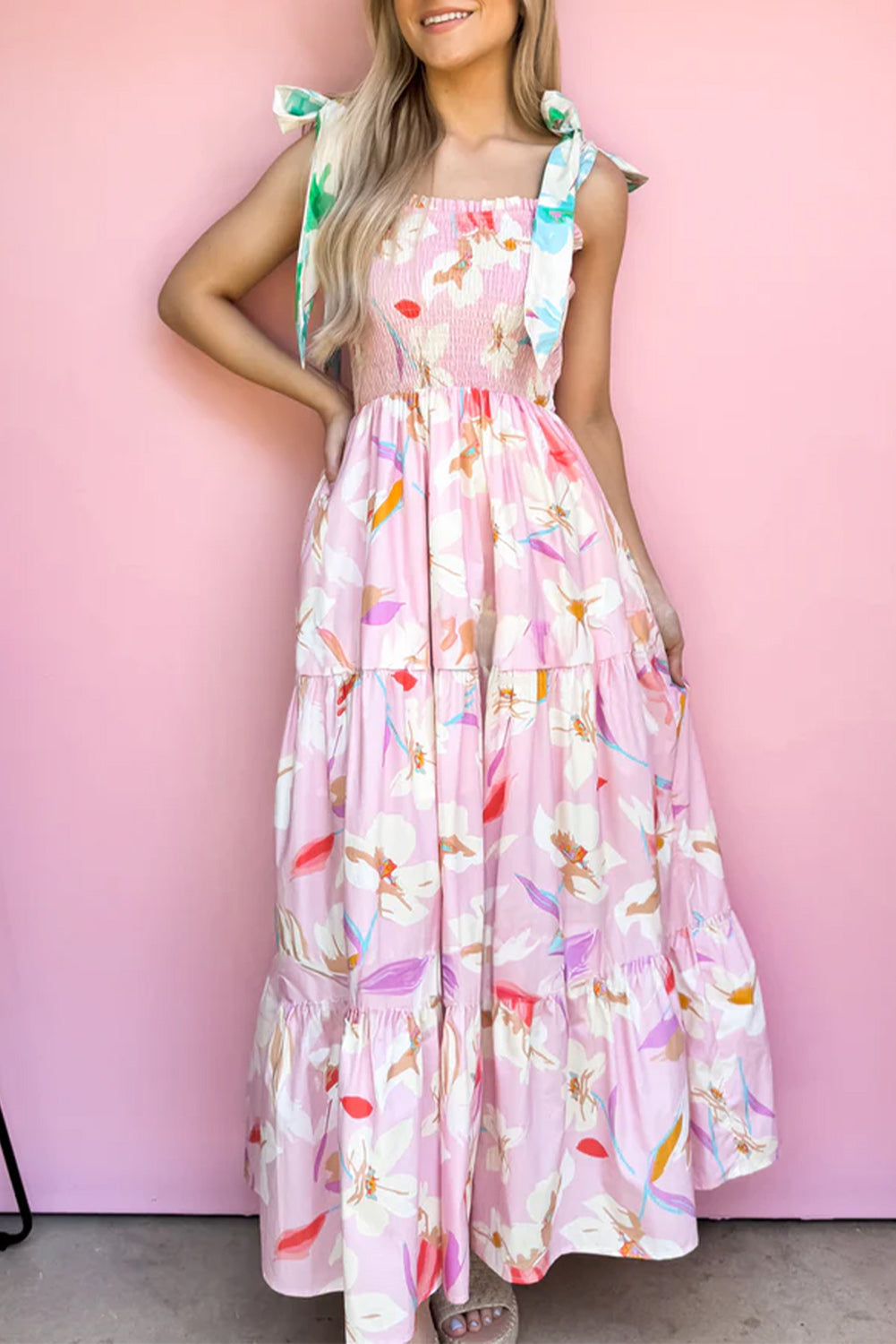 Pink Floral Print Knotted Shoulder Smocked Maxi Dress Dear-Lover Dropshipping
