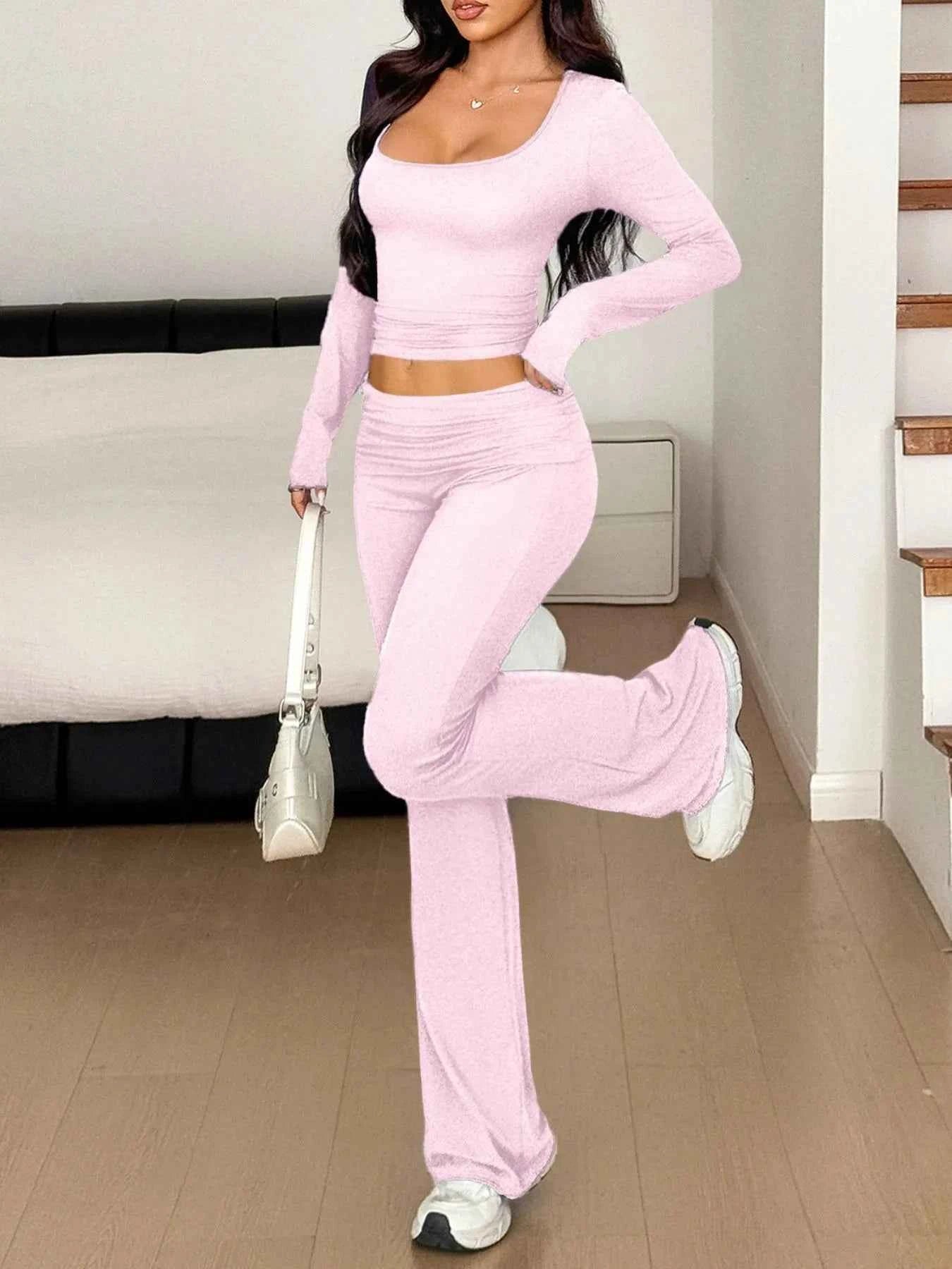 Long Sleeve Crop Top and Bootcut Pants Set