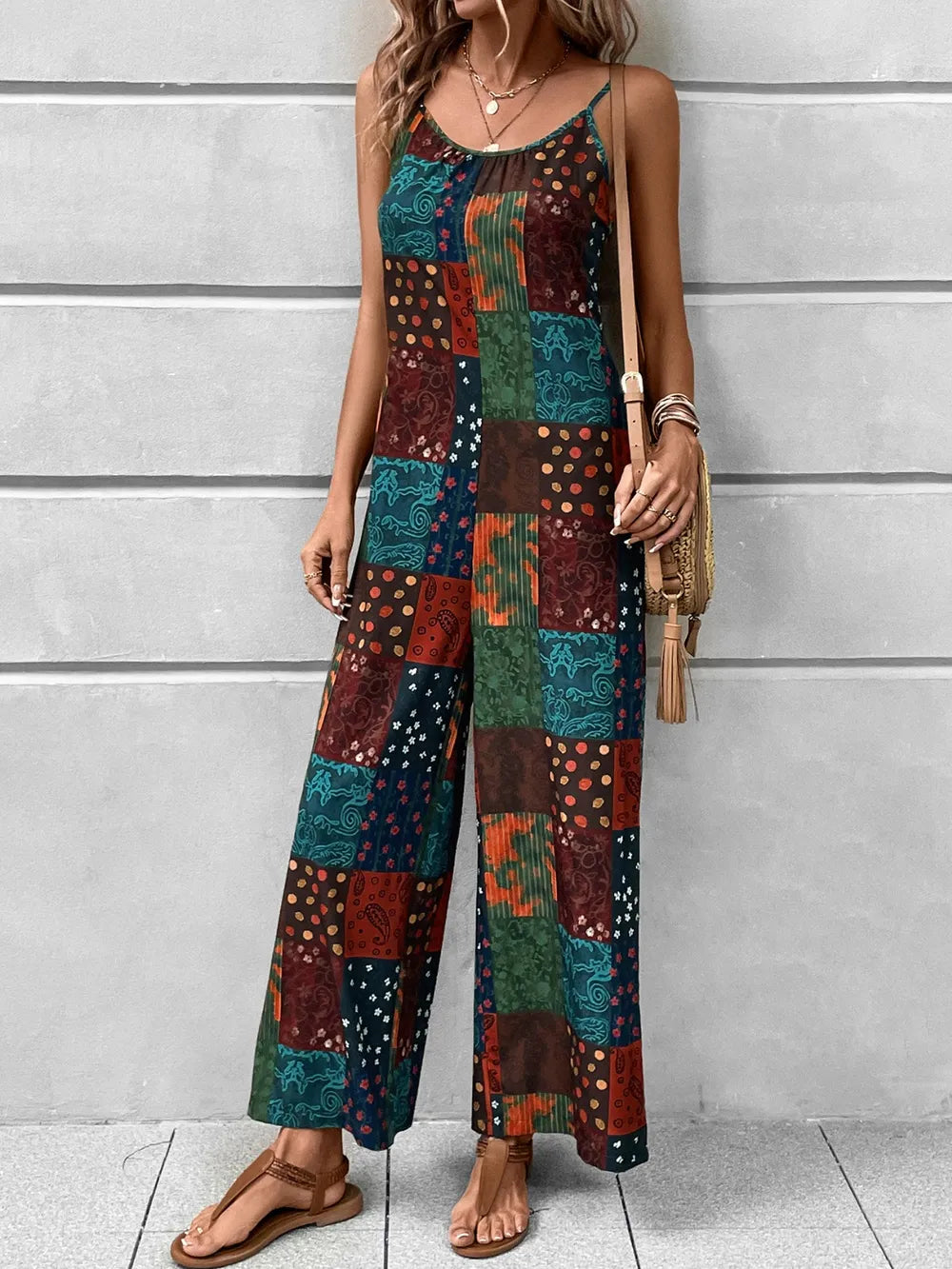 Printed Scoop Neck Spaghetti Strap Jumpsuit - CHIC TB