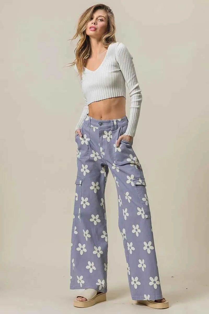 BiBi Flower Printed Side Pocket Wide Pants