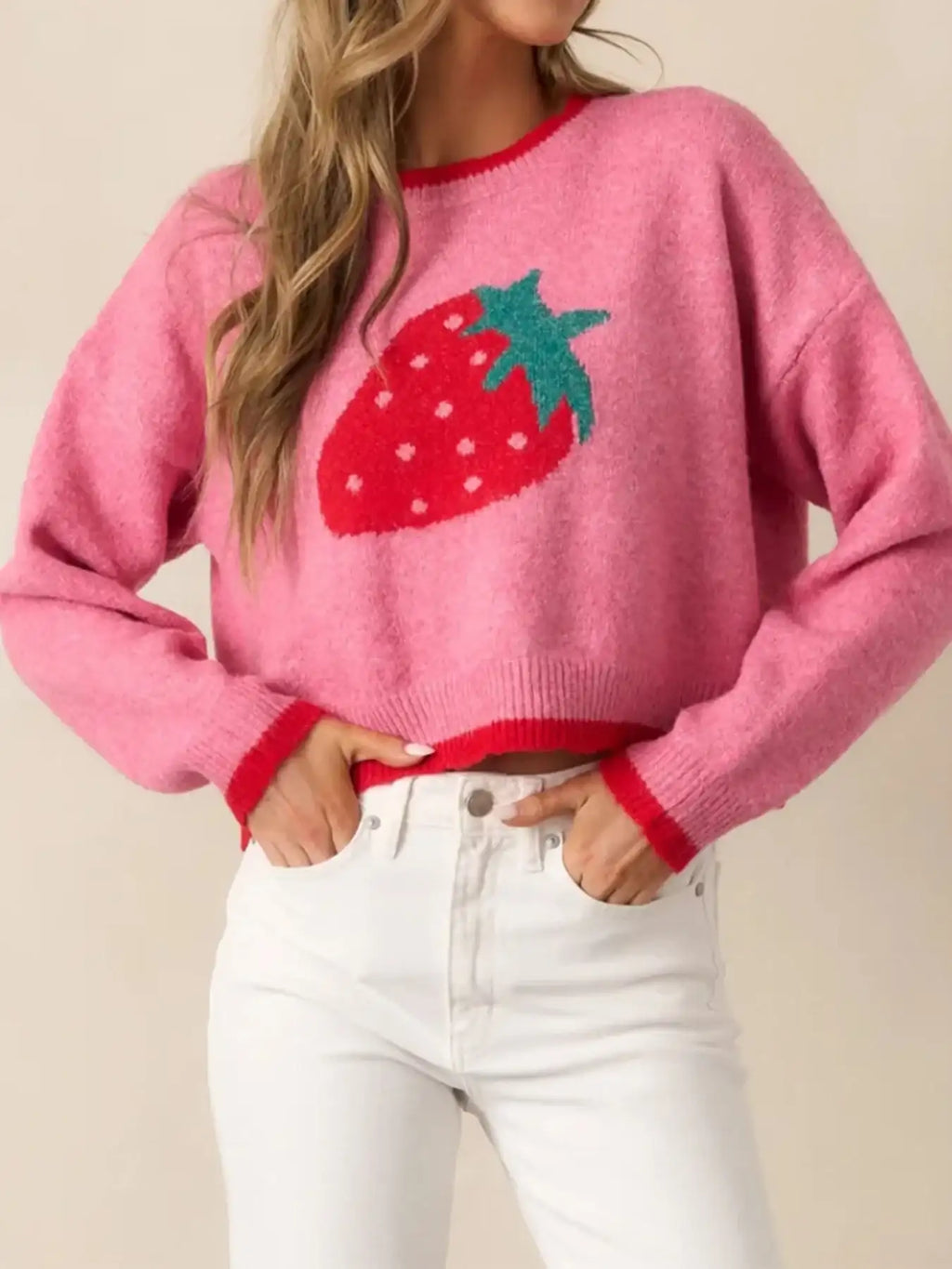 Strawberry Round Neck Long Sleeve Sweater.
