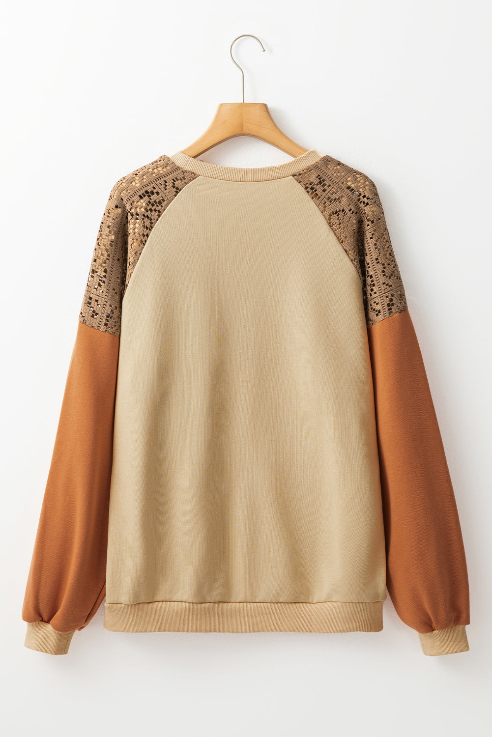 Khaki Lace Patchwork Colorblock Drop Shoulder Sweatshirt Dear-Lover Dropshipping