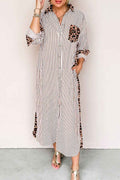 Brown Stripe Contrast Leopard Patchwork Long Shirt Dress with Slits
