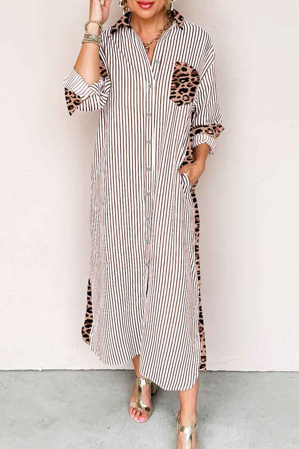 Brown Stripe Contrast Leopard Patchwork Long Shirt Dress with Slits