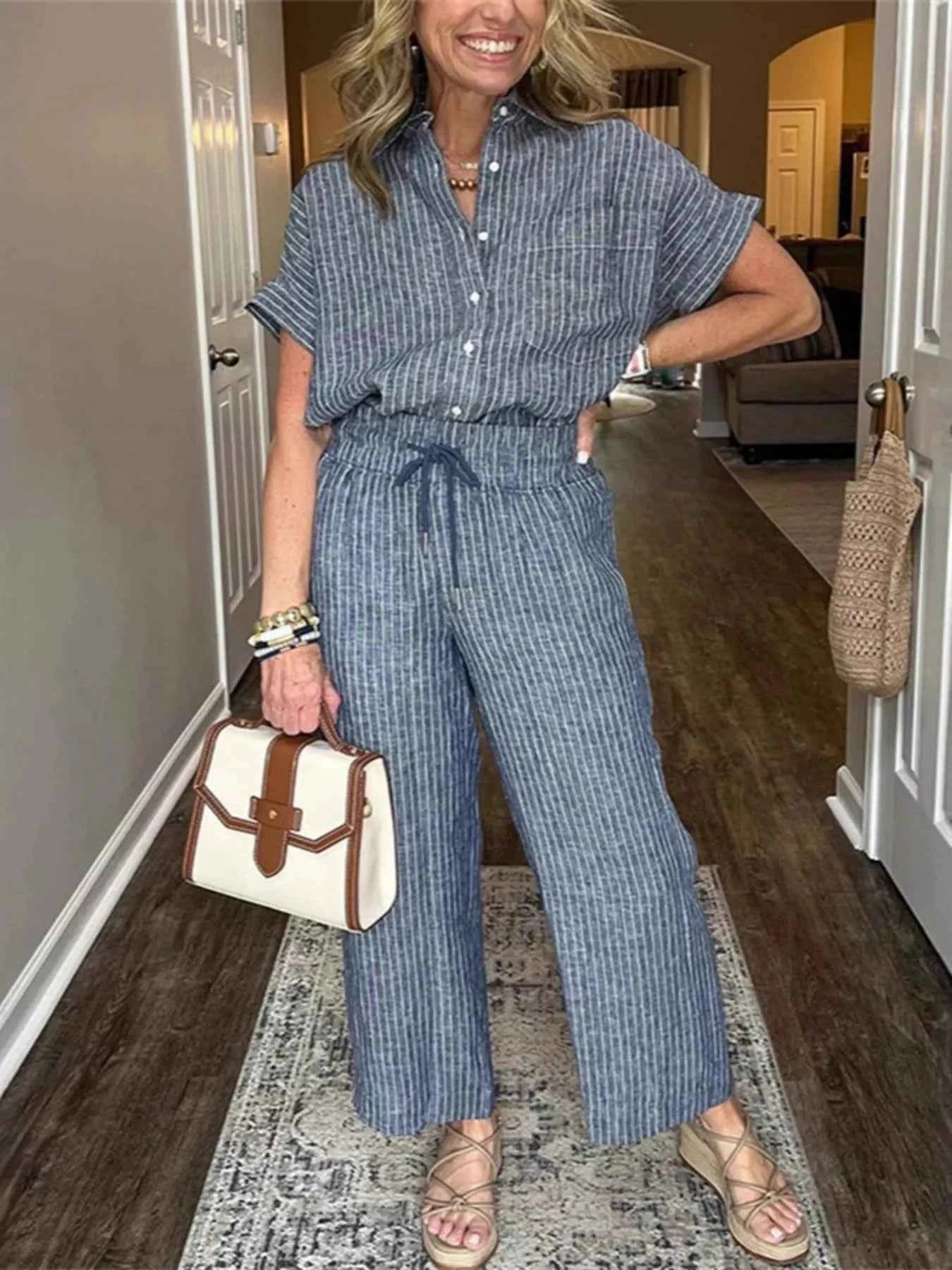 Full Size Striped Button-Up Shirt and Wide Leg Pants Casual Set Plus Size