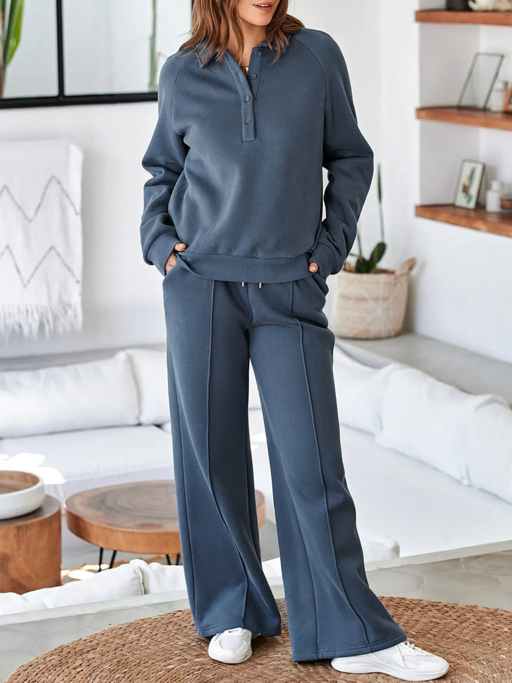 Collared Sweatshirt and High Waist Pants Active Set.