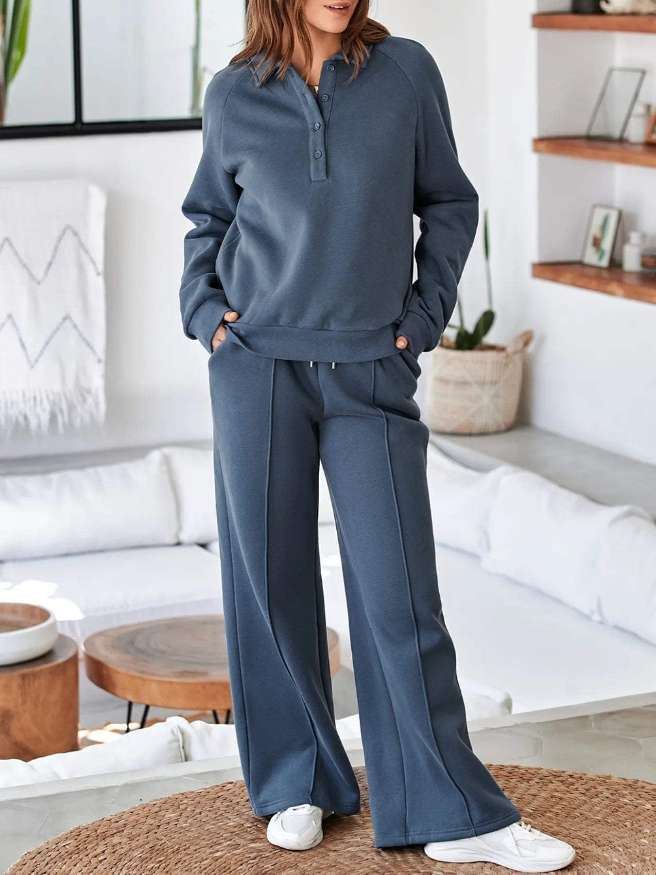 Collared Sweatshirt and High Waist Pants Active Set.