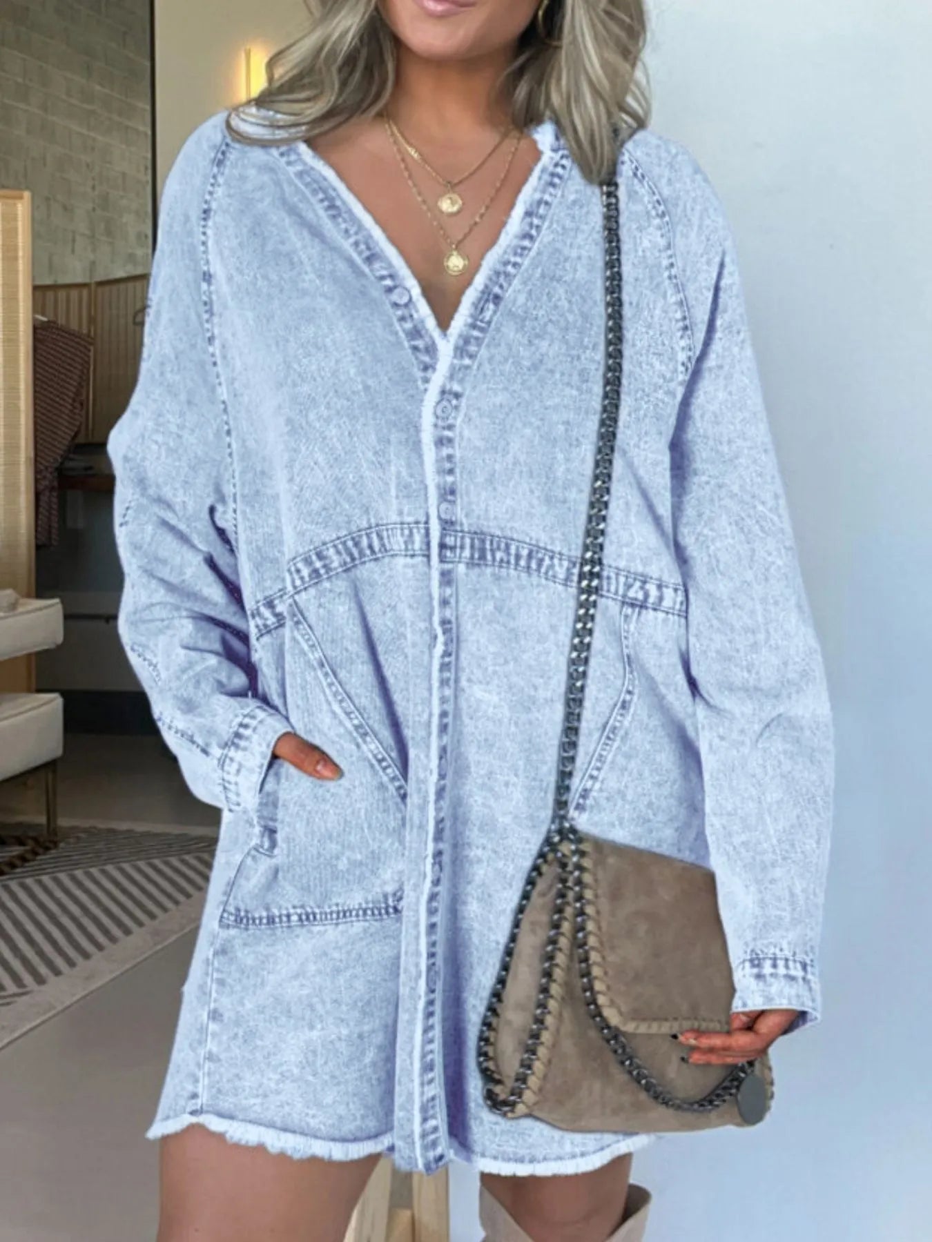 Full Size Button-Front Long Sleeve Denim Shirt Dress Plus Size.