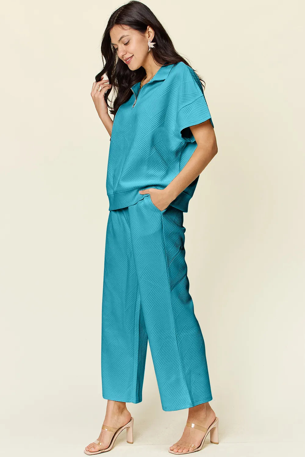 Double Take Full Size Texture Half Zip Short Sleeve Top and Pants Set - CHIC TB