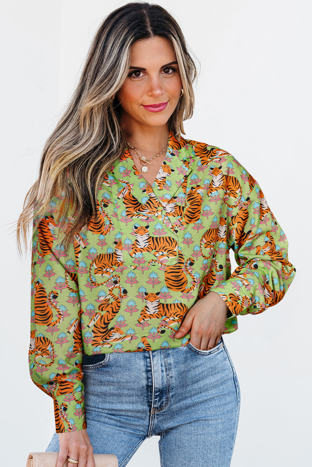Green Tiger Floral Printed Collared V Neck Casual Shirt Dear-Lover Dropshipping