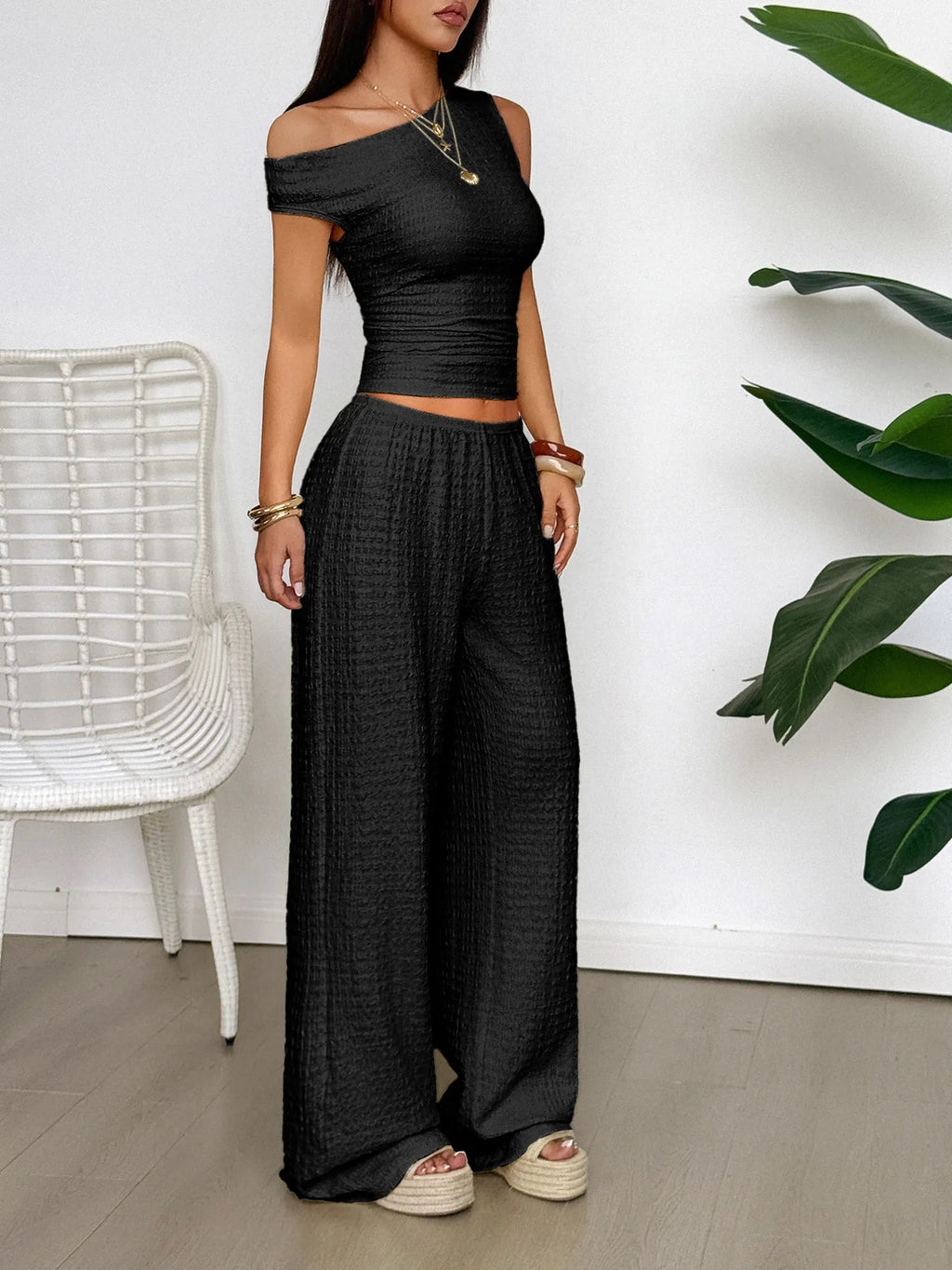 One Shoulder Top and Wide Leg Pants Set.