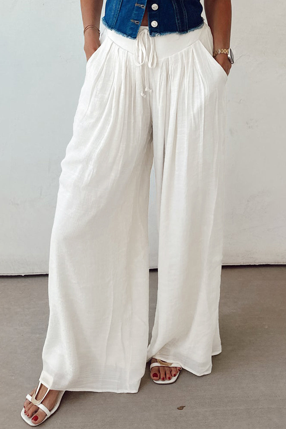 White Solid Drop Waist Pleated Wide Leg Casual Pants Dear-Lover Dropshipping