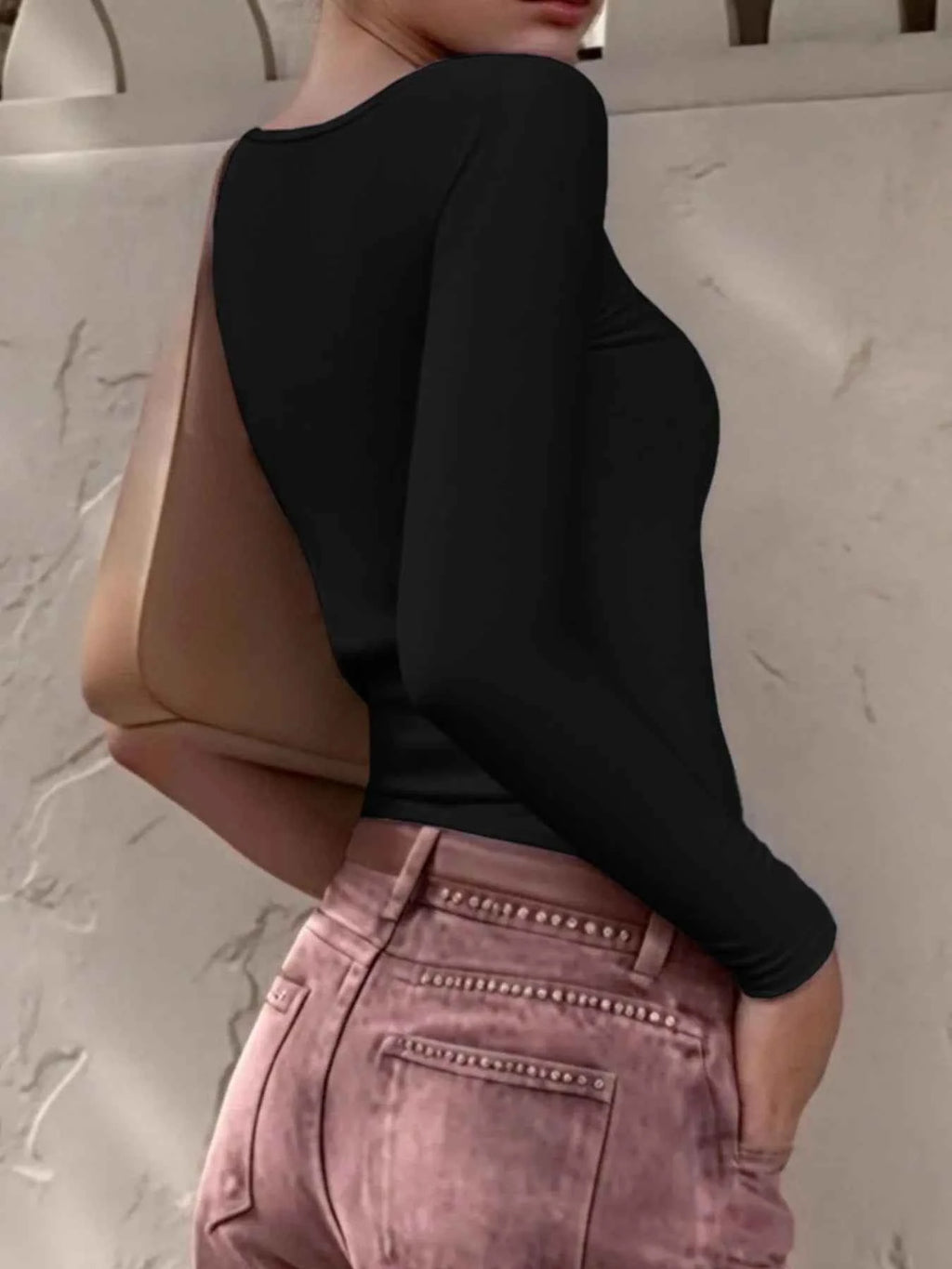 Long Sleeve Scoop Neck Fitted T-Shirt.