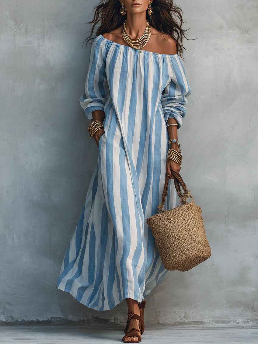Striped Off Shoulder Vacation Dress