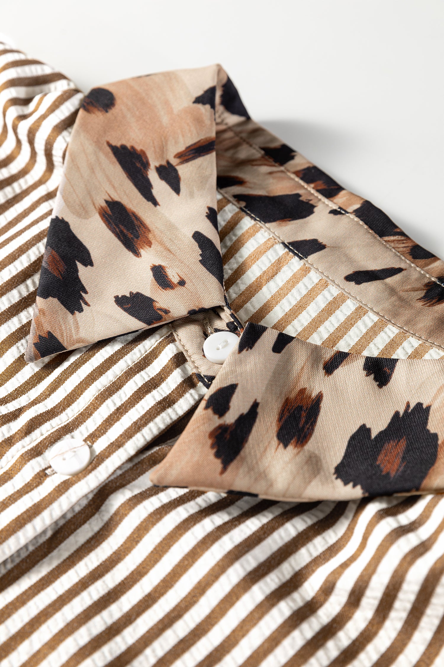 Brown Stripe Leopard Patched Collared Chest Pocket Cuffed Long Sleeve Plus Size Shirt