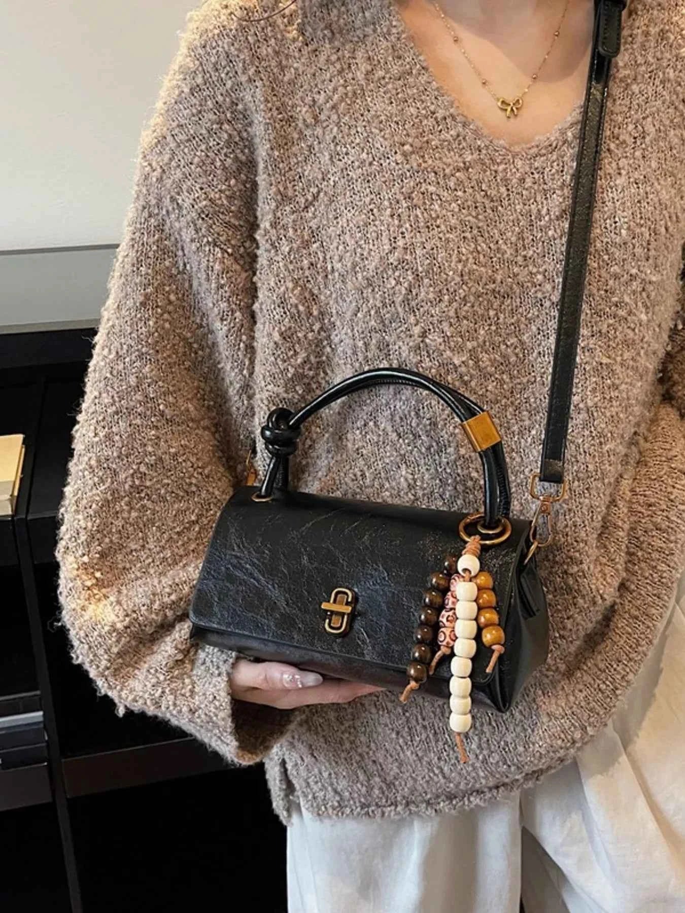 Leather Crossbody Bag with Bead Charm