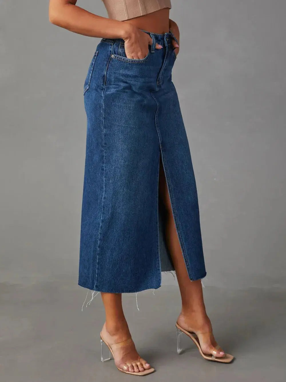 Raw Hem Front Slit Denim Midi Skirt.