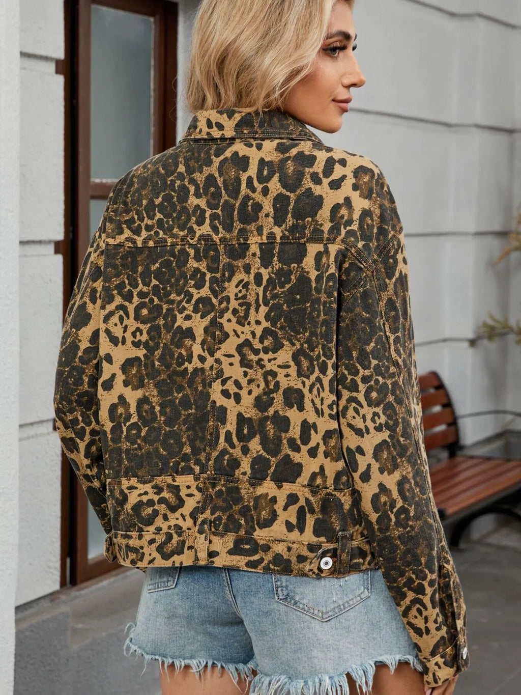 Leopard Print Button Up Denim Jacket.