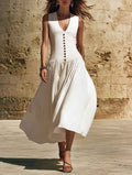 V-Neck Buttoned Chic Elegant Sleeveless Cotton-Linen Dress