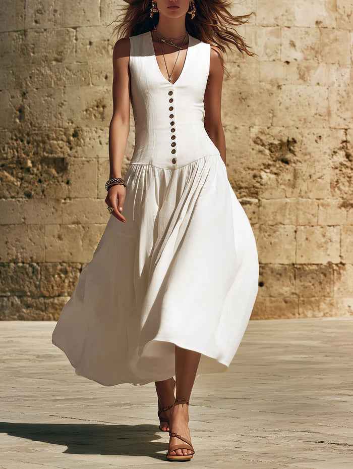 V-Neck Buttoned Chic Elegant Sleeveless Cotton-Linen Dress