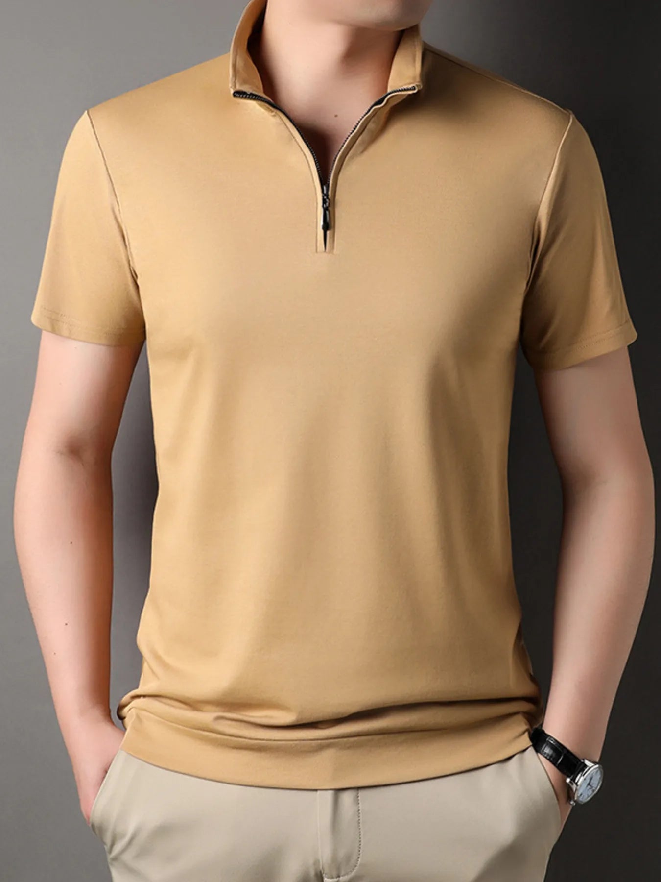 Men's Plus Size Zip Collar Short Sleeve Polo Shirt.
