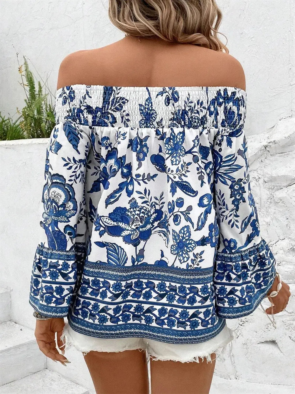 Smocked Printed Off-Shoulder Blouse.