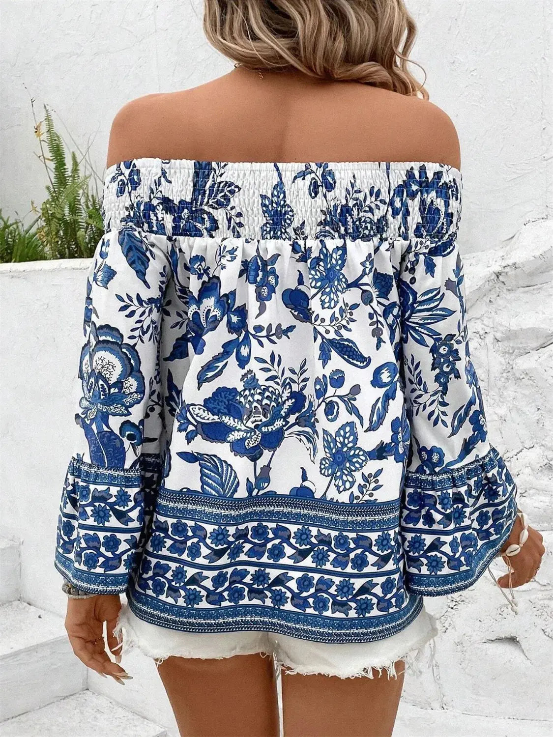 Smocked Printed Off-Shoulder Blouse.