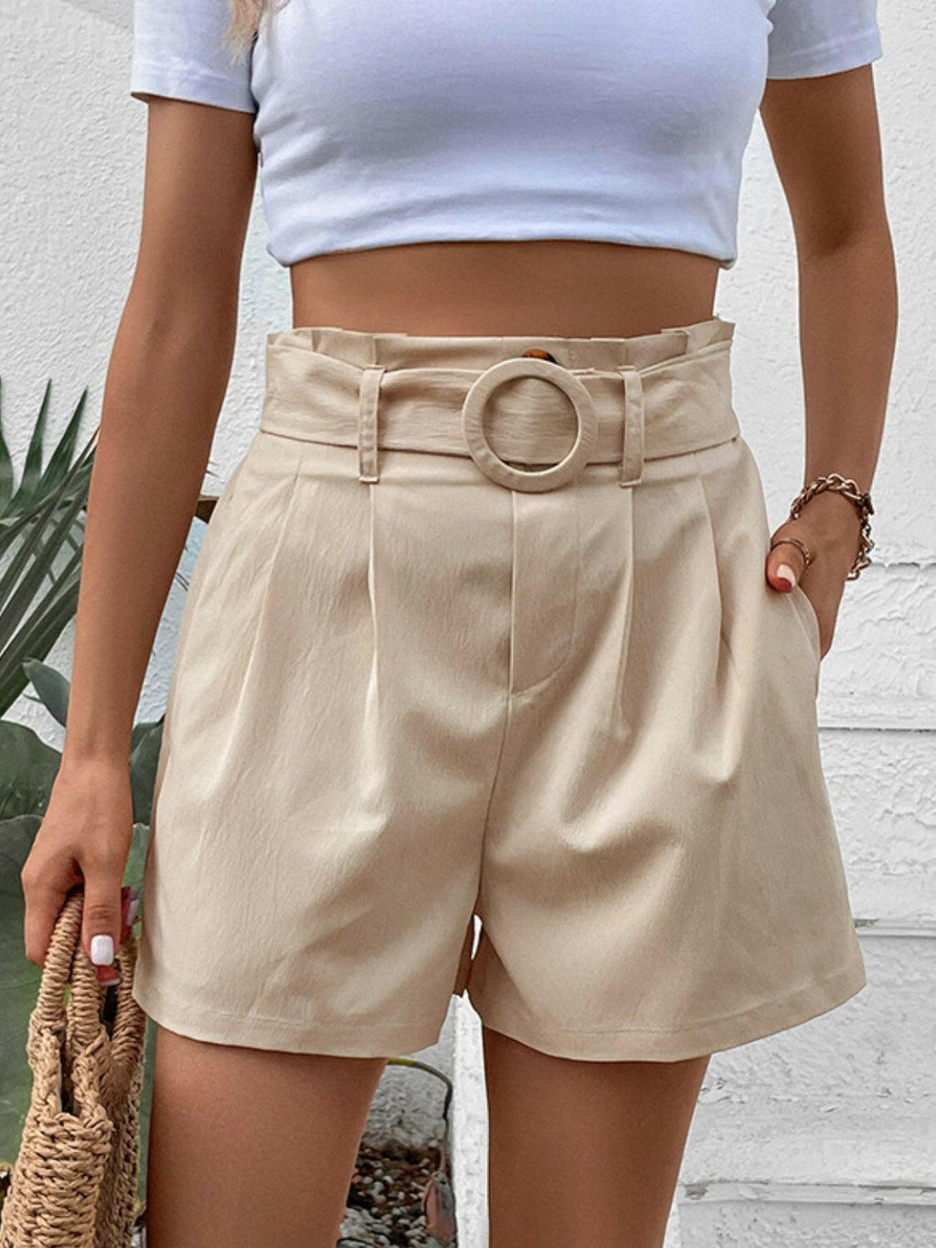 Perfee Belted Shorts with Pockets.