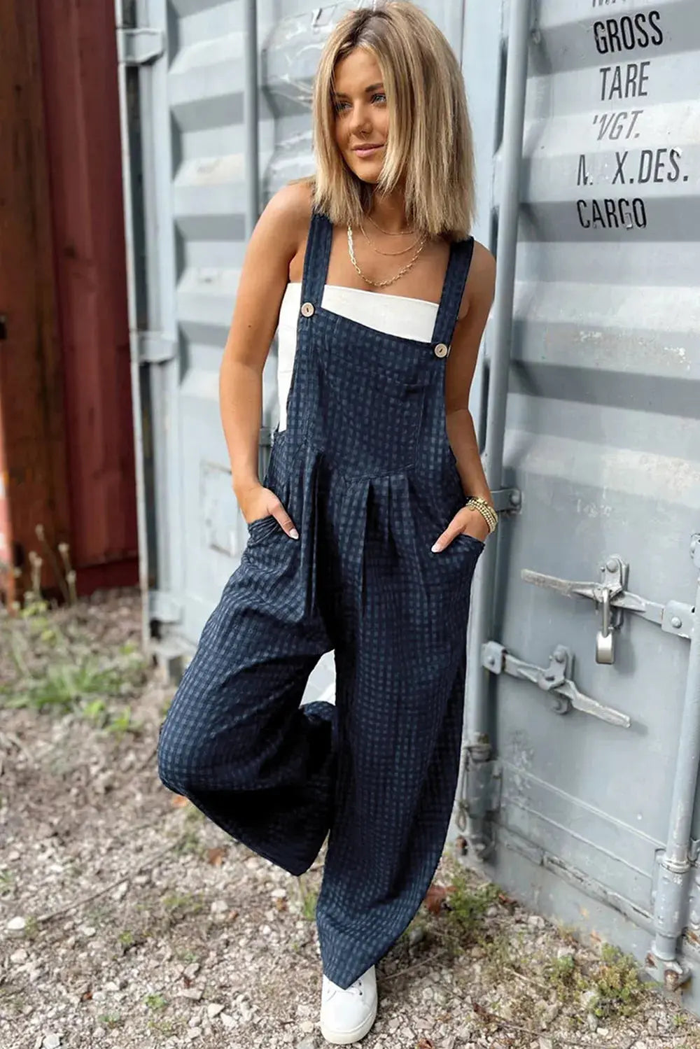 Plaid Wide Strap Wide Leg Overalls.