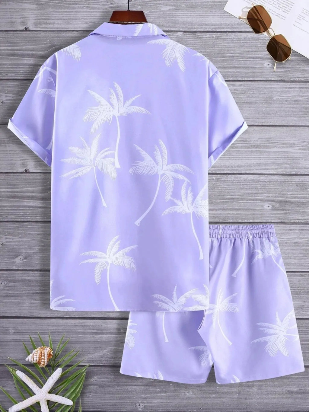 Men's Full Size Palm Print Button Up Shirt and Shorts Set Plus Size.