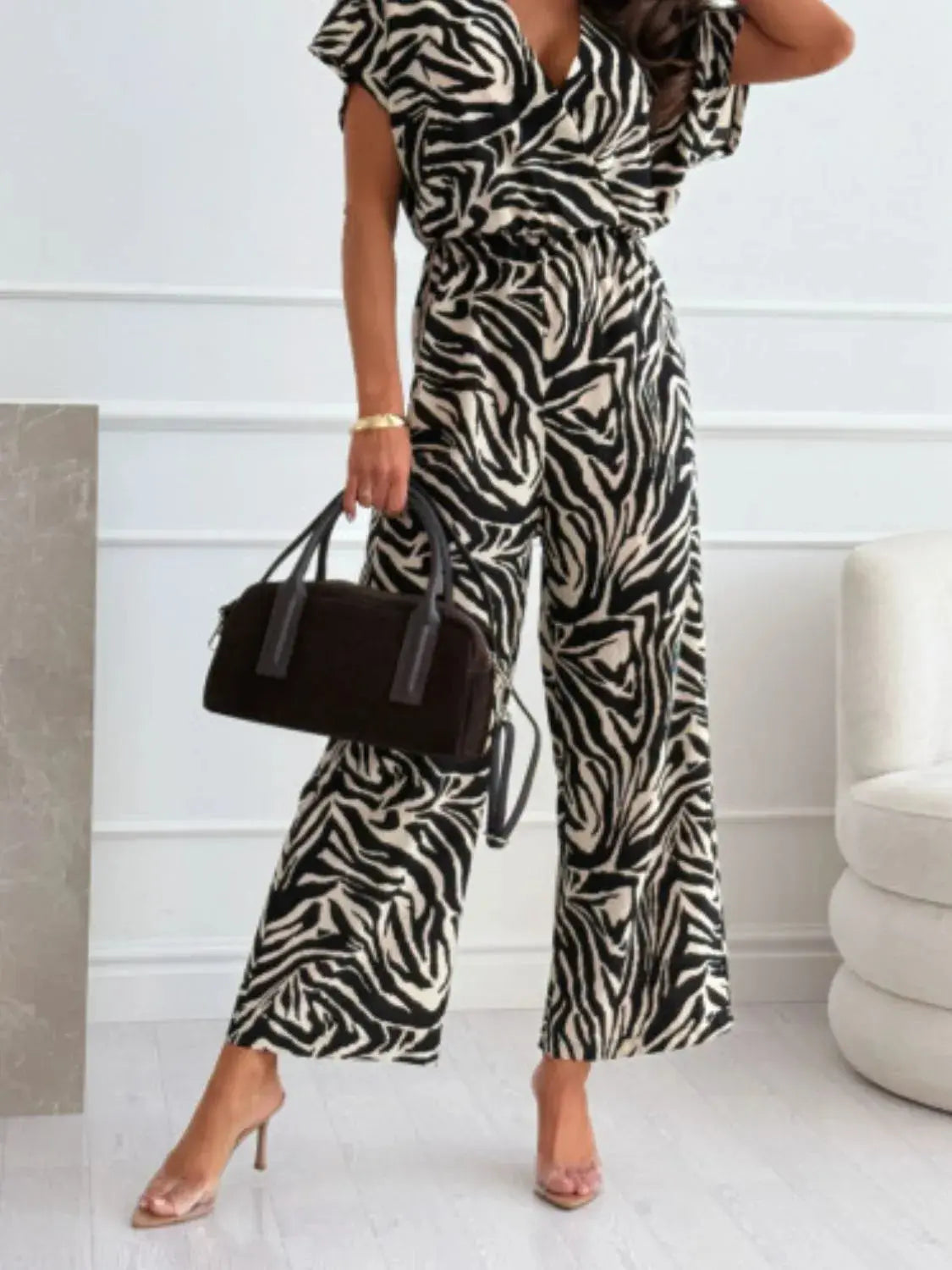 Leopard Print Short Sleeve Wide Leg Jumpsuit.