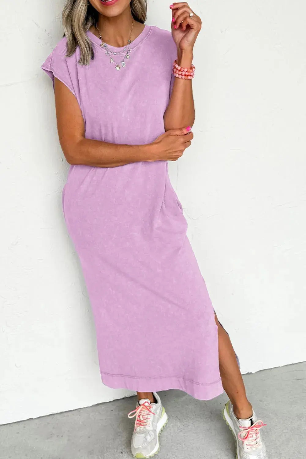 Side Split Round Neck Cap Sleeve T-Shirt Dress.