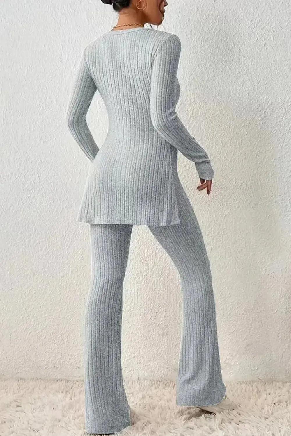 Ribbed Long Sleeve Slit Top and Bootcut Pants Set.