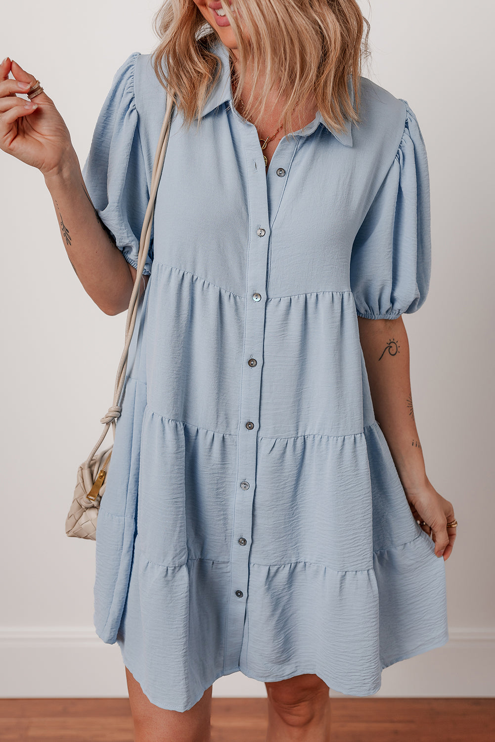 Beau Blue Shirt Collar Button Up Short Puff Sleeve Tiered Shift Dress Dear-Lover Dropshipping