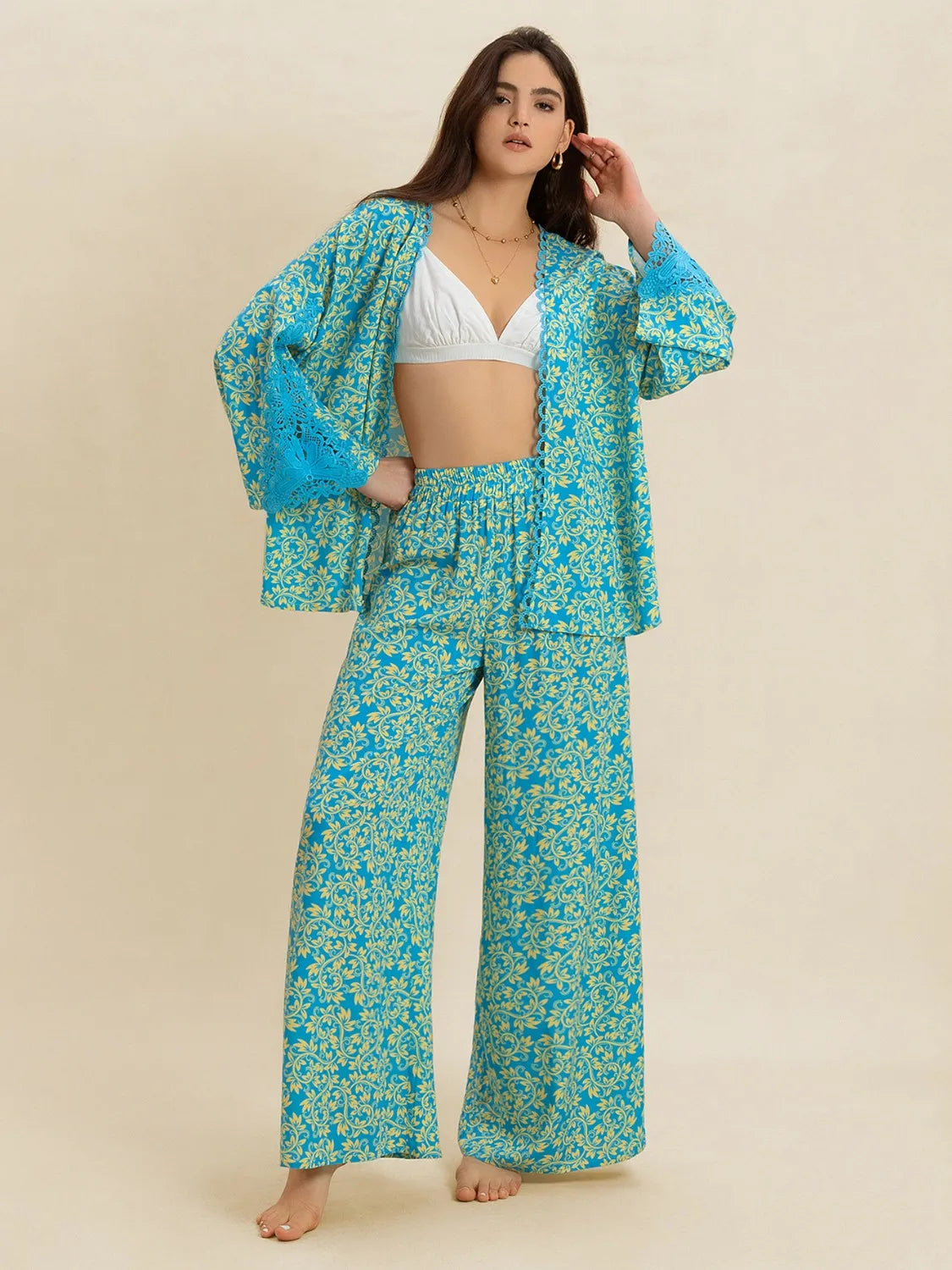 Open Front Printed Top and Pants Set - CHIC TB