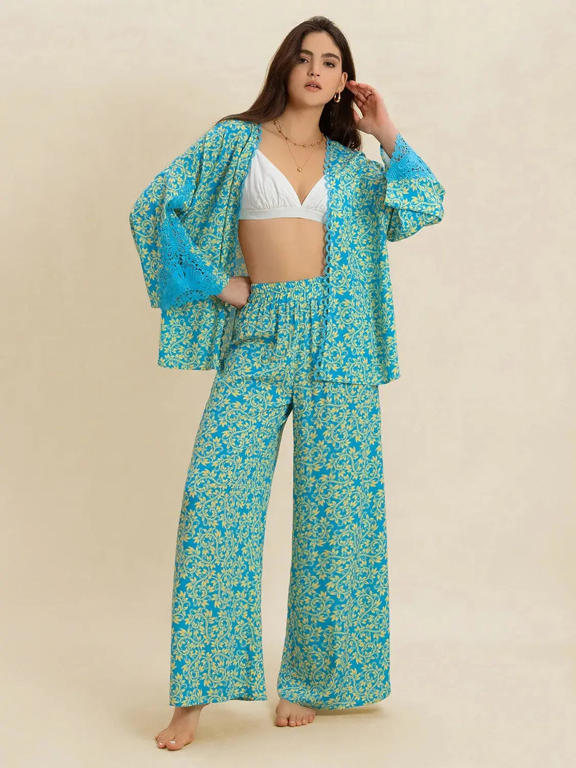 Open Front Printed Top and Pants Set.