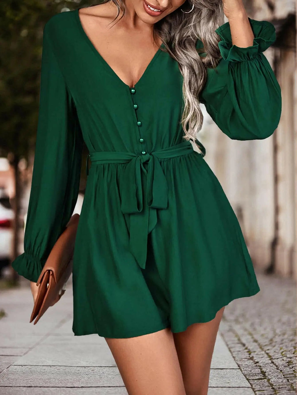 Green Long sleeve romper for women.