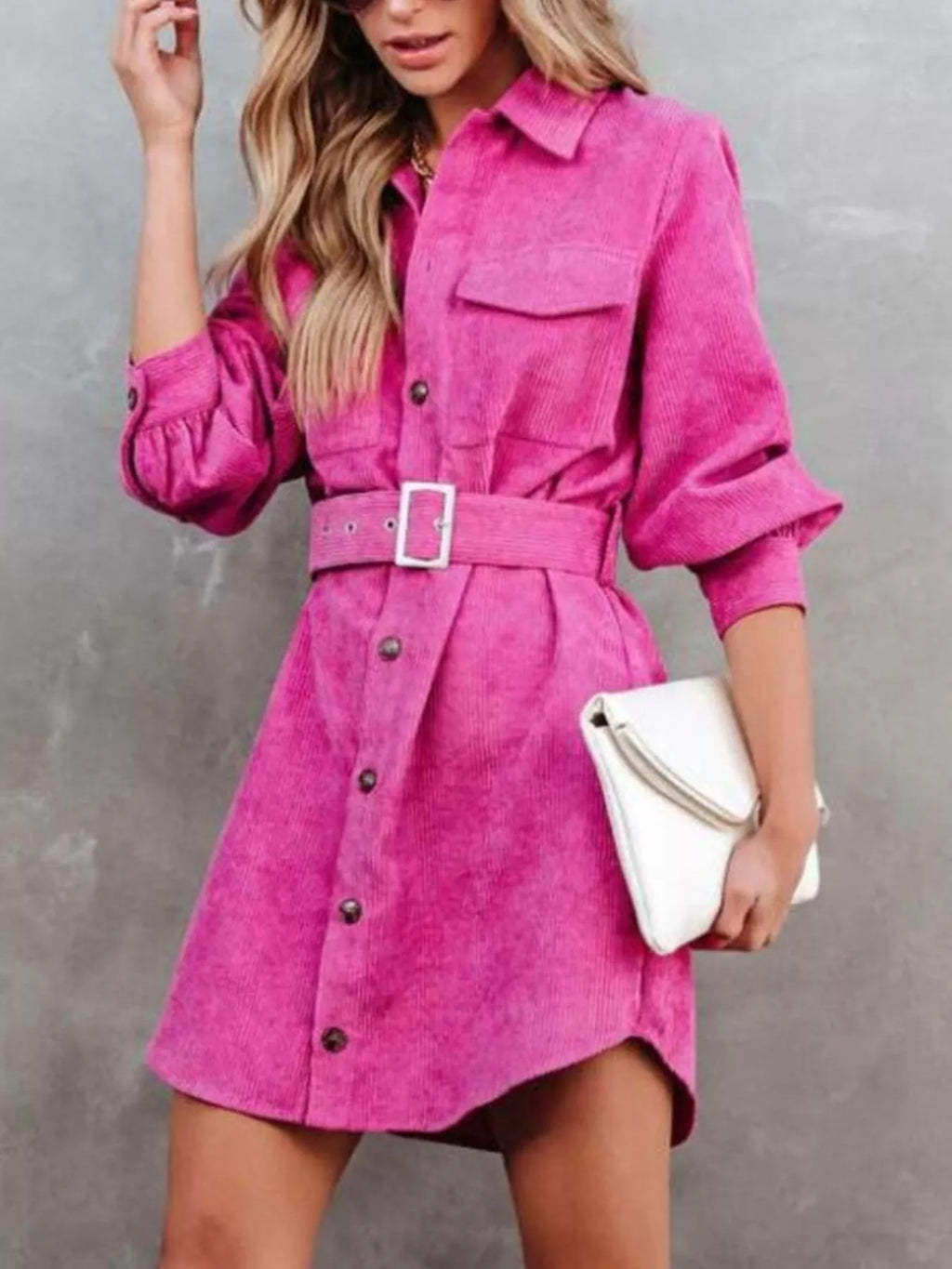 Button Front Belt Long Sleeve Corduroy Dress.