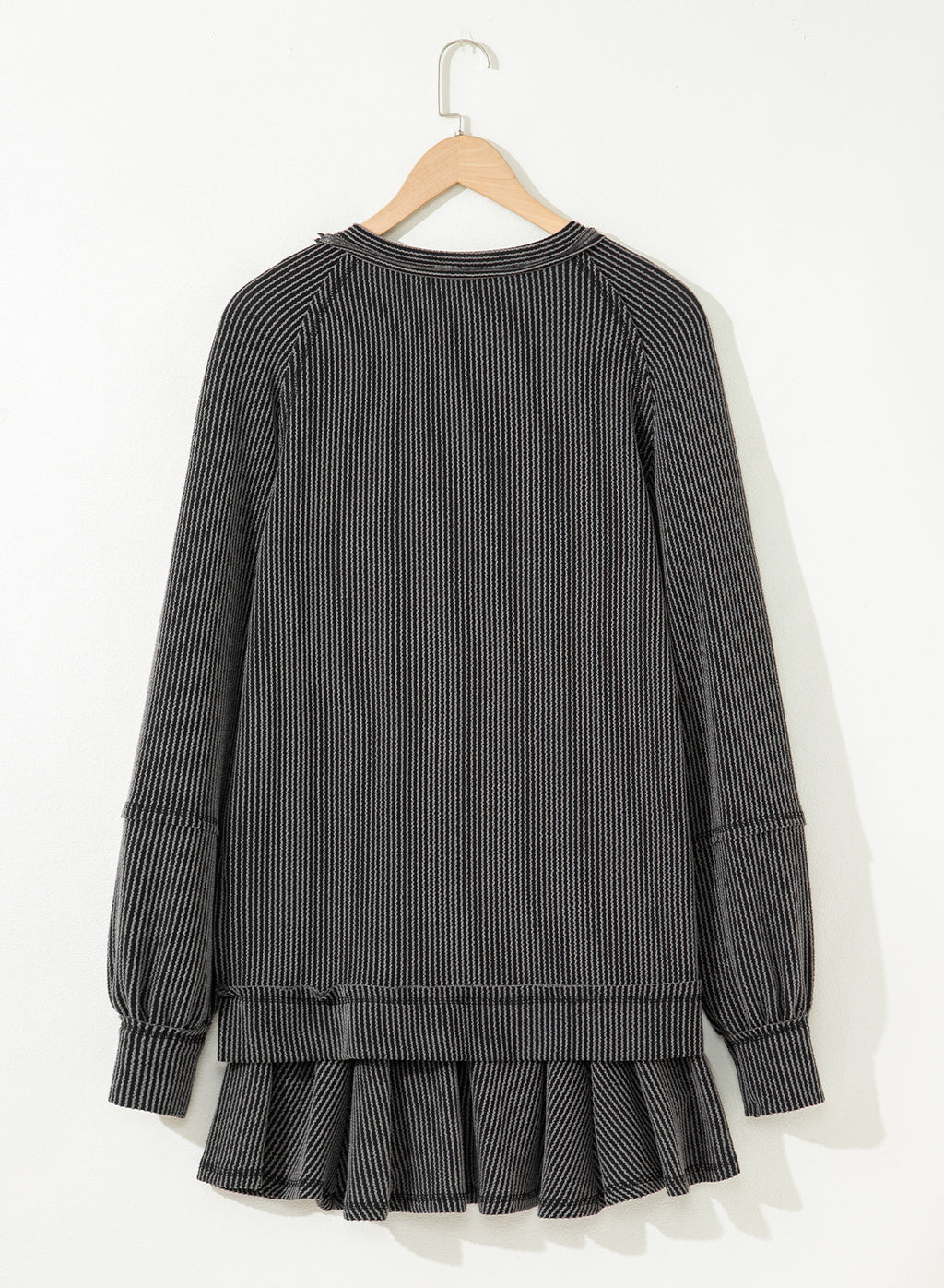 Dark Grey Corded Lantern Sleeve Top High Waist Ruffled Mini Skirt Set Dear-Lover Dropshipping