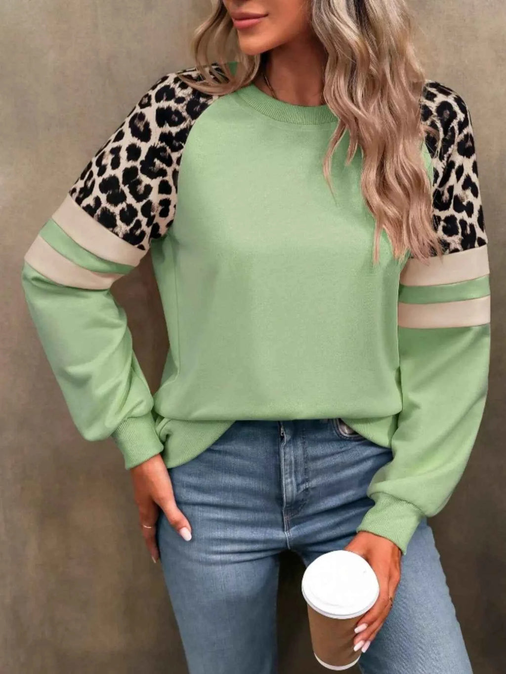 Leopard Round Neck Raglan Sleeve Sweatshirt.