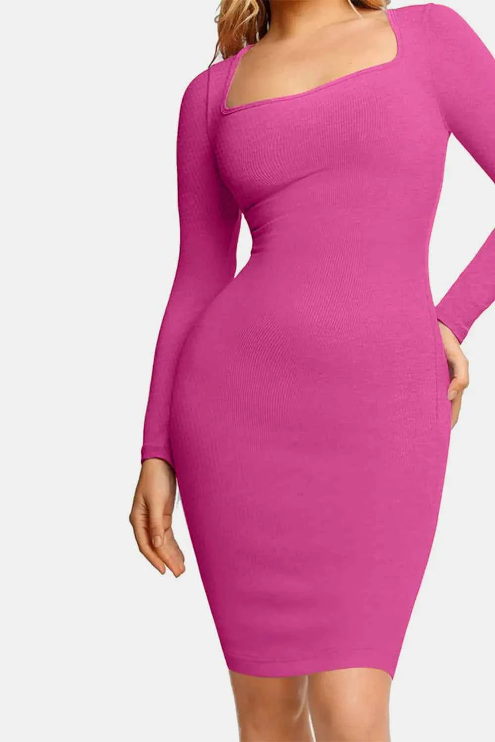 Basic Bae Full Size Built-In Shapewear Square Neck Long Sleeve Dress.
