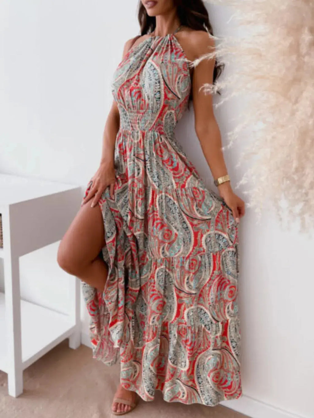 Printed Halter Neck Maxi Dress.
