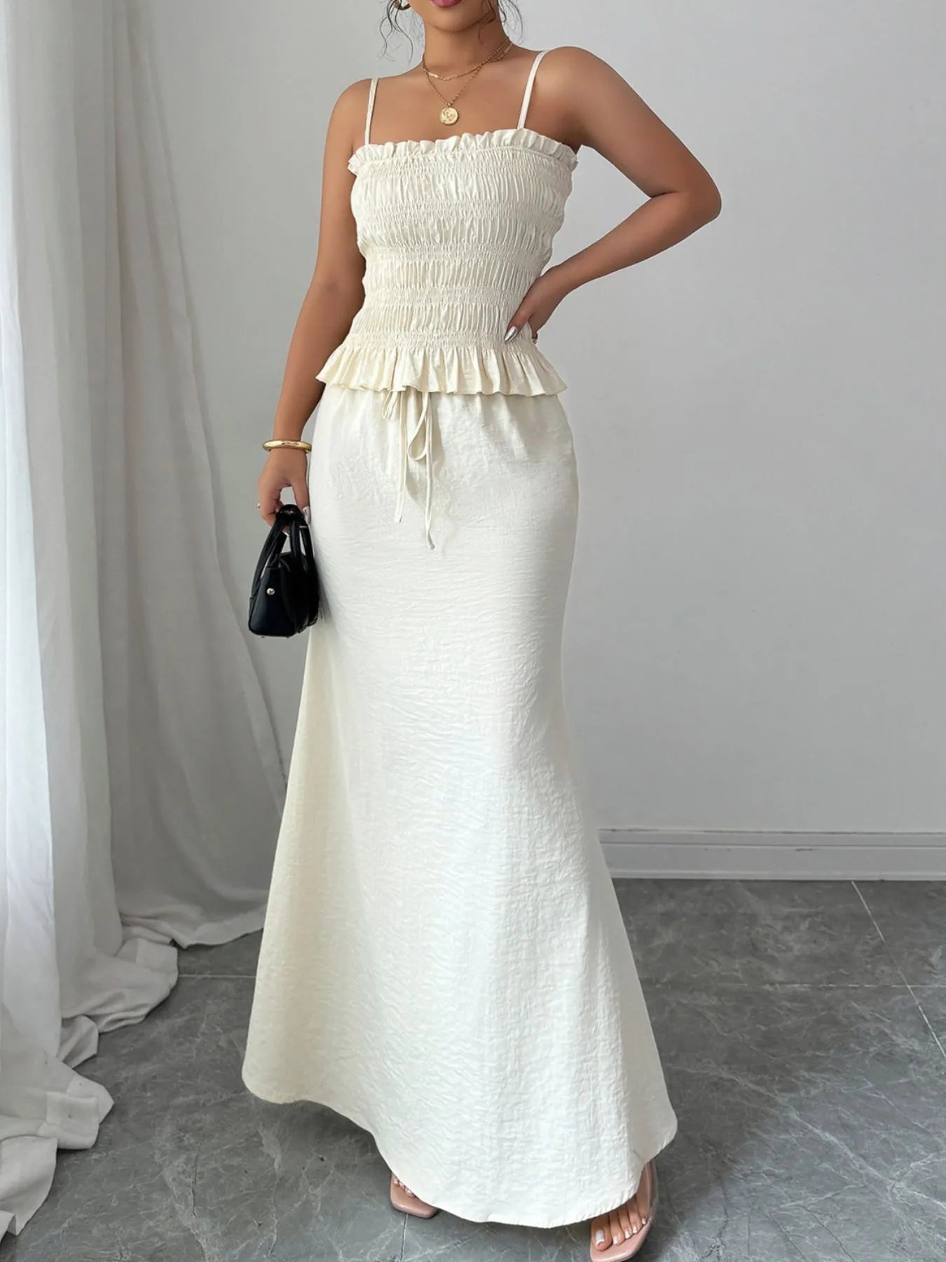 Smocked Ruffled Hem Cami and Maxi Skirt Set.