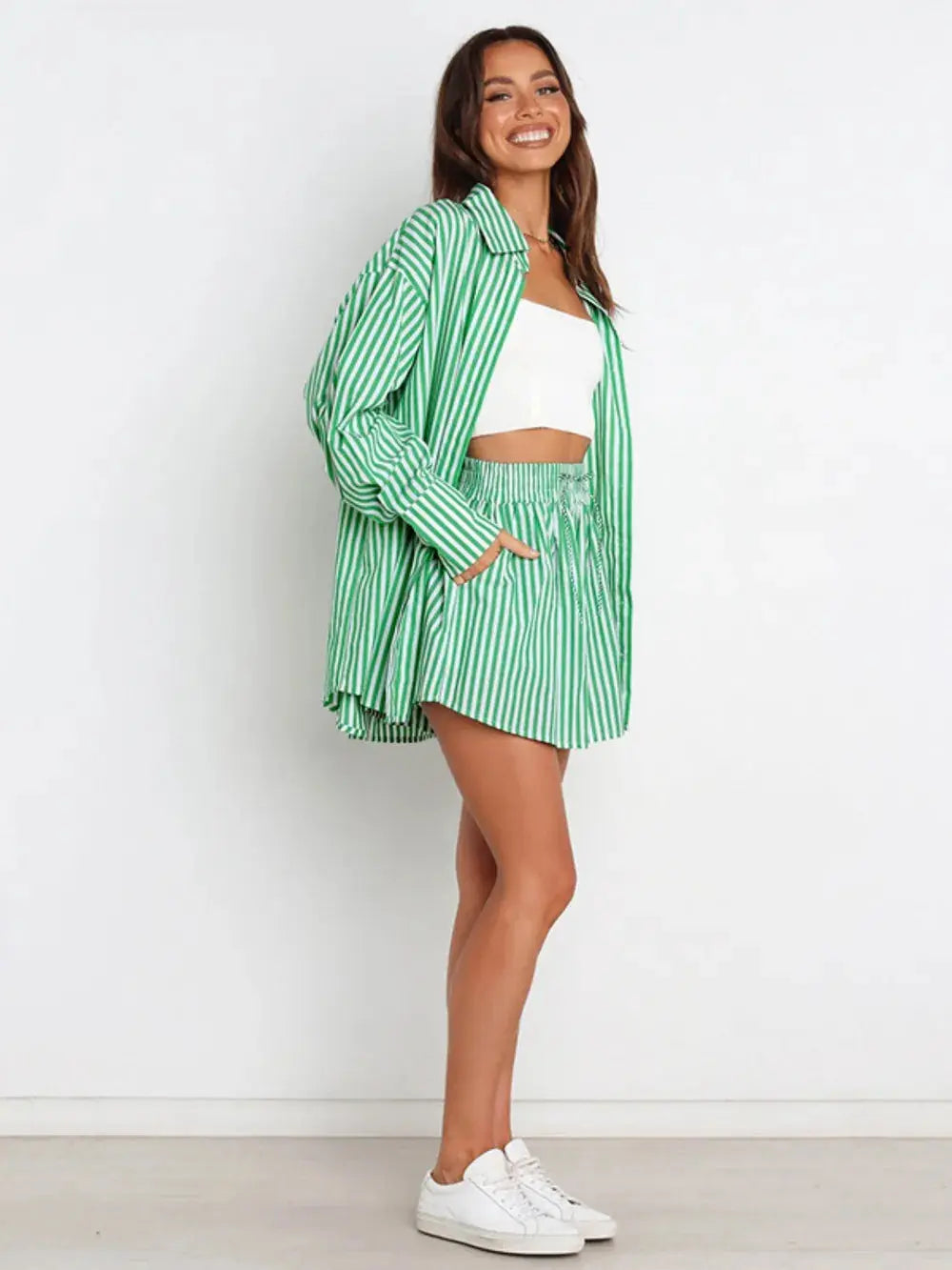 Striped Dropped Shoulder Shirt and Shorts Set.