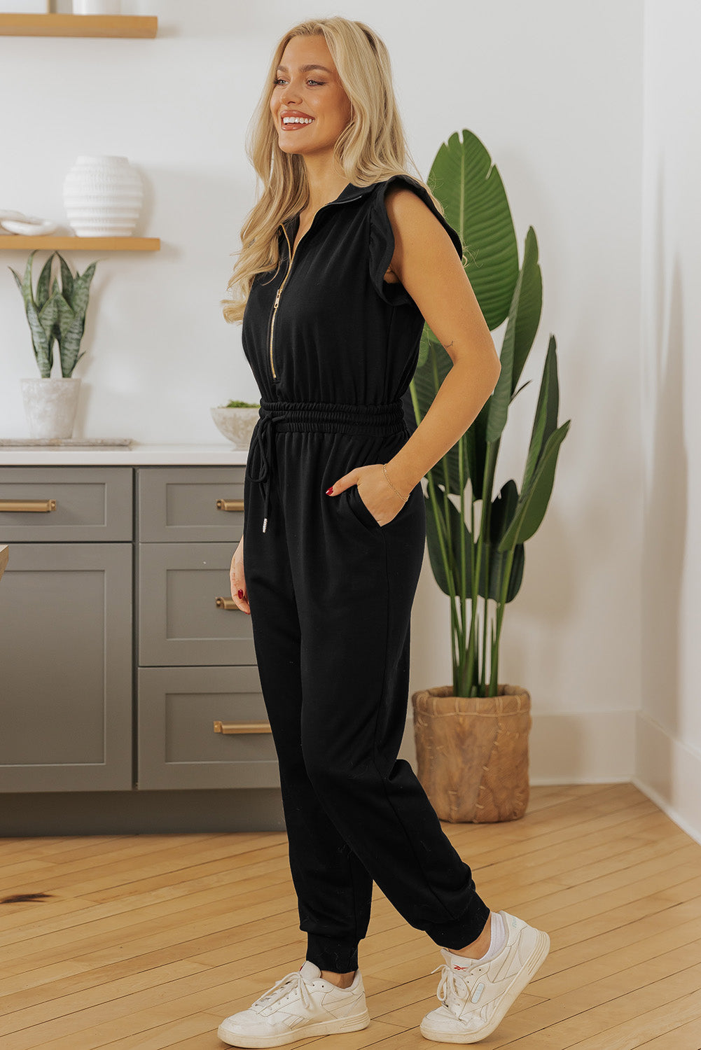 Black Zipper Flutter Sleeve Drawstring Elastic Waistband Jumpsuit Dear-Lover Dropshipping