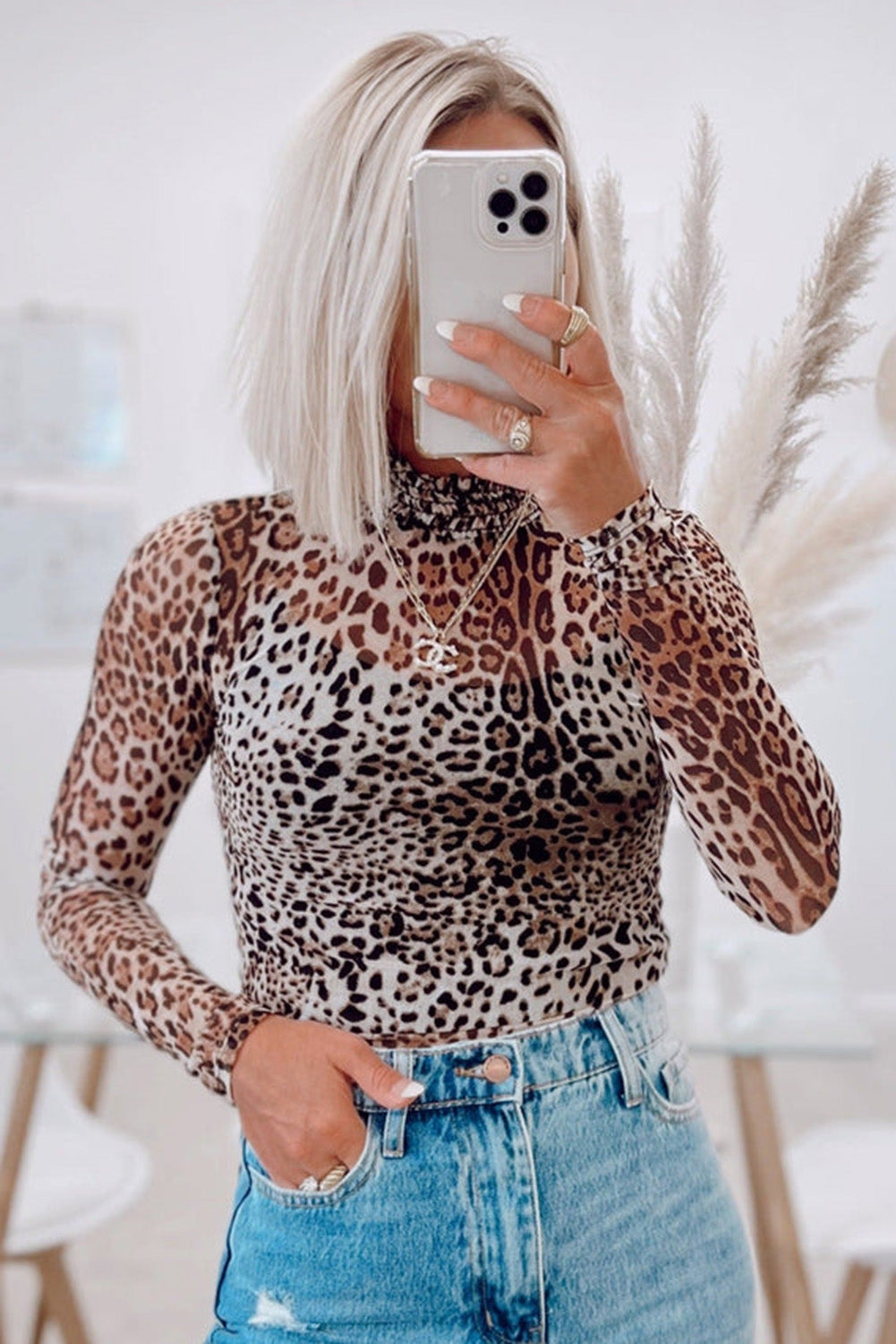 Brown Leopard Smocked Neck Mesh Long Sleeve Bodysuit Dear-Lover Dropshipping