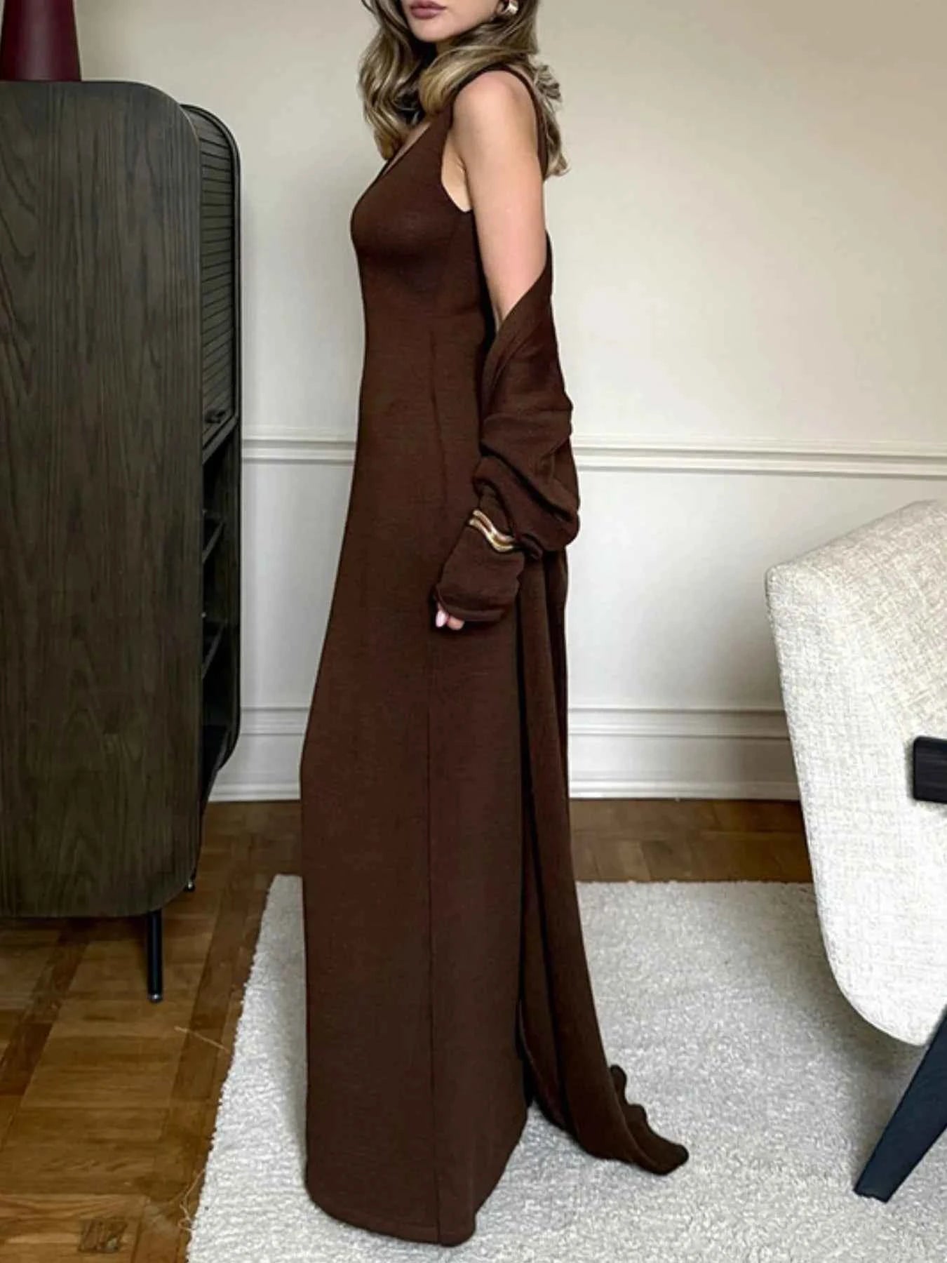 V-Neck Knit Dress and Cardigan Sweater Set