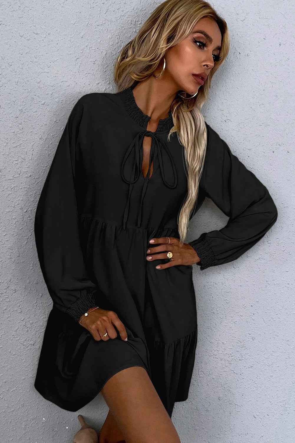 Black Tie Split Neck Smocked Detail Long Puff Sleeve Ruffle Hem Loose Dress